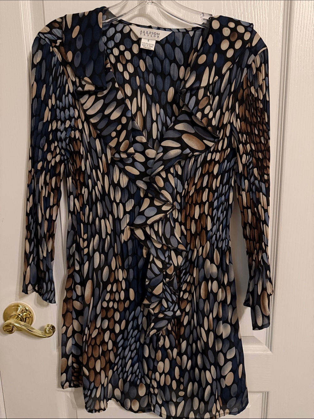 Allison Daley Navy, Beige & Light Blue Ruffle-Front Long Sleeve Tunic